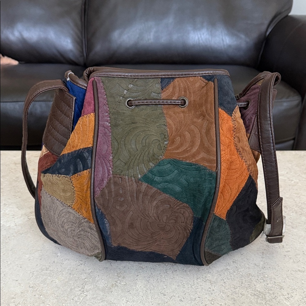 Vintage Multicolor Patchwork Leather Drawstring Bucket Bag - Picture 2 of 3